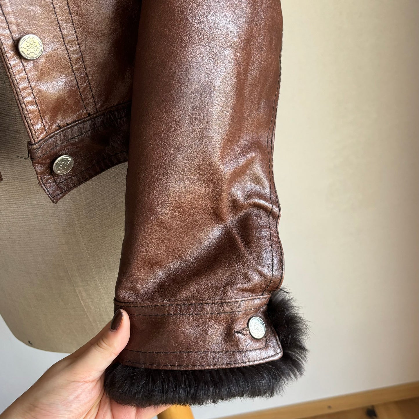 Brown Leather Fur Trim Jacket (S)