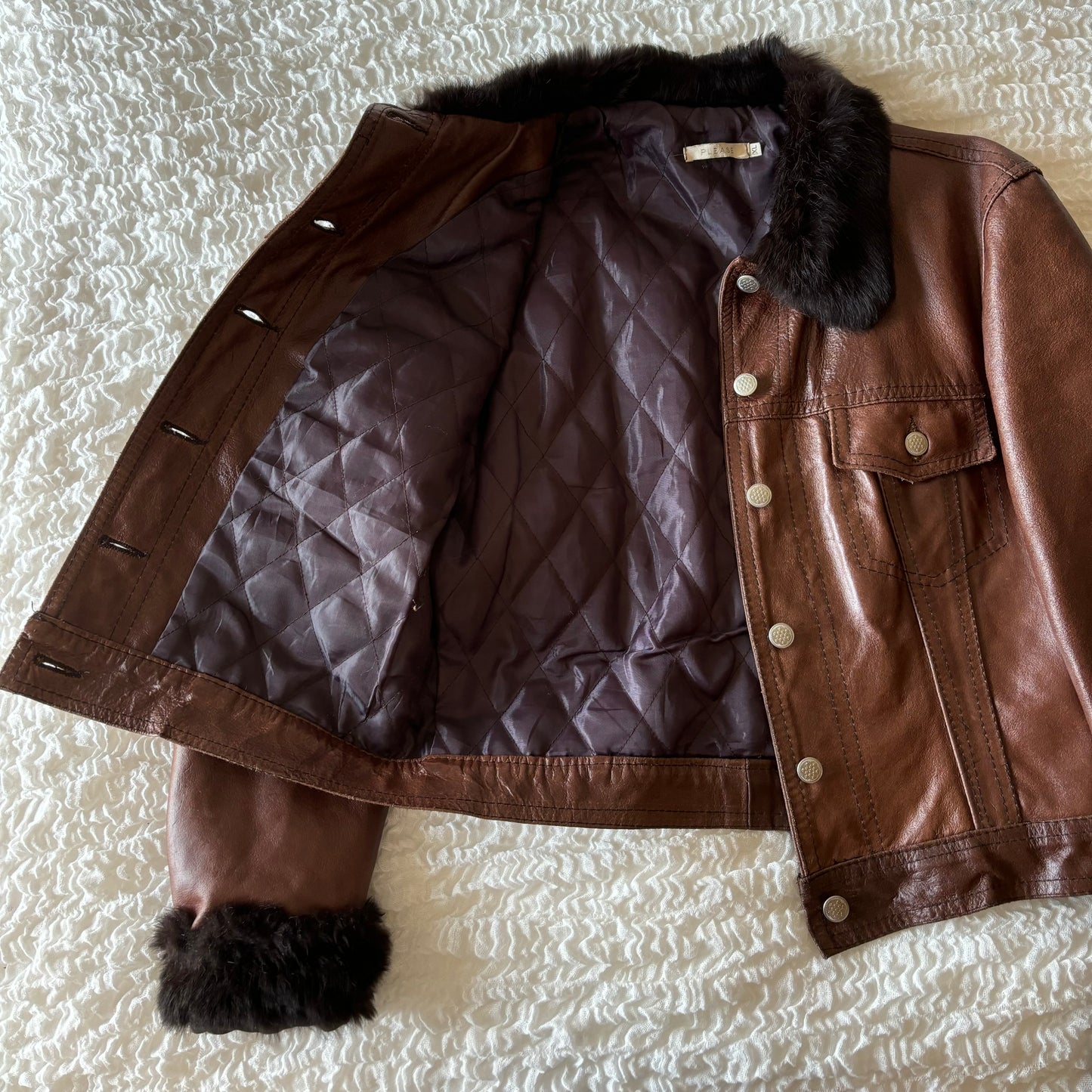 Brown Leather Fur Trim Jacket (S)