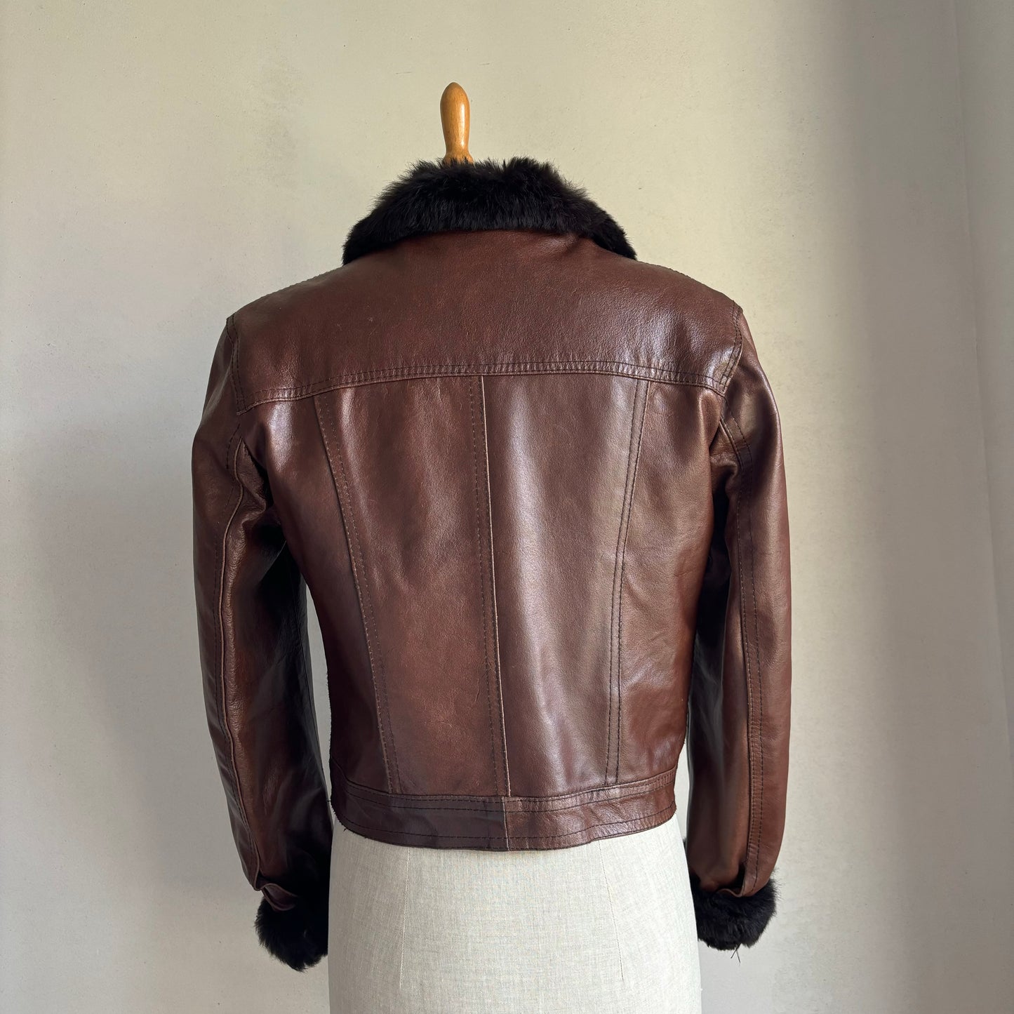 Brown Leather Fur Trim Jacket (S)