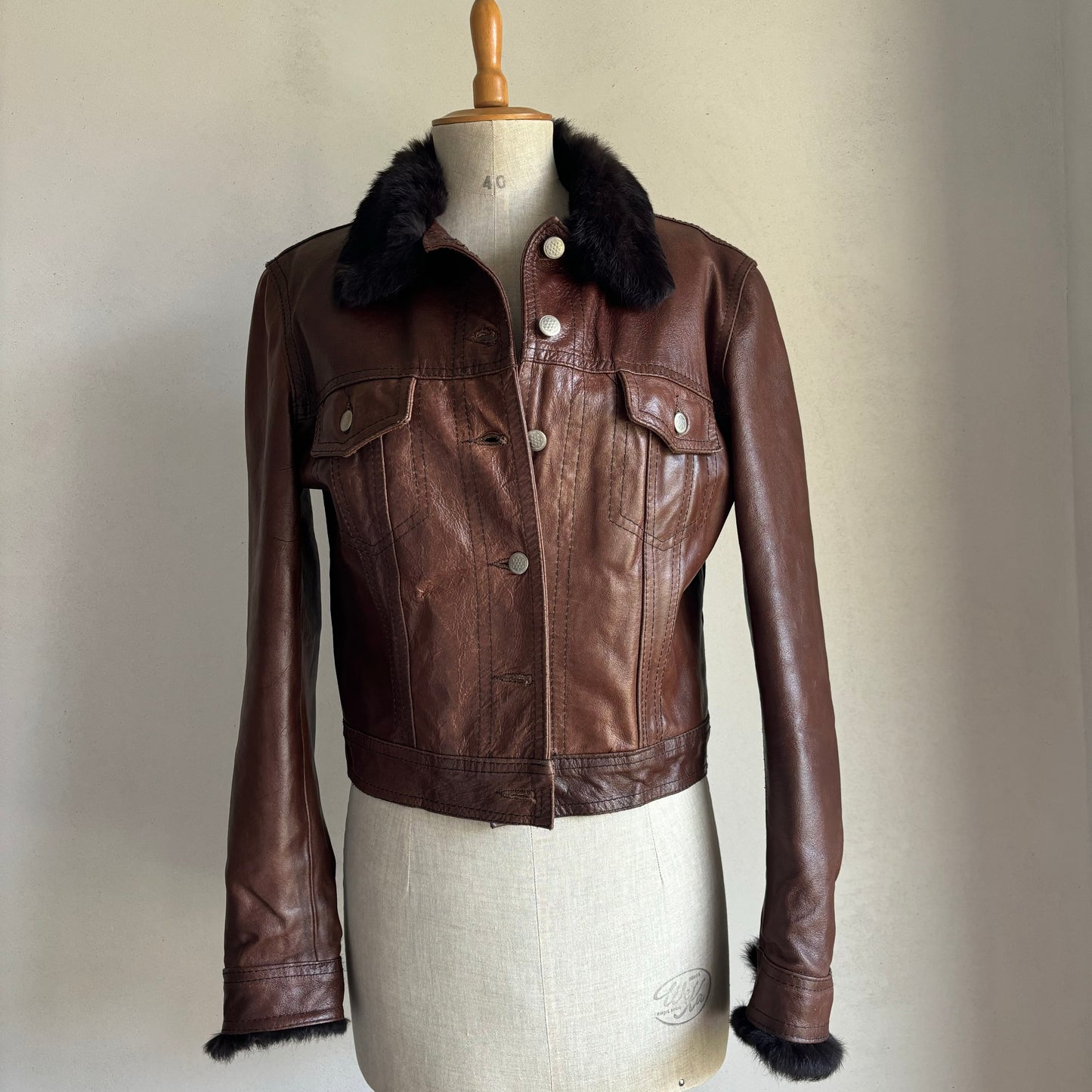 Brown Leather Fur Trim Jacket (S)
