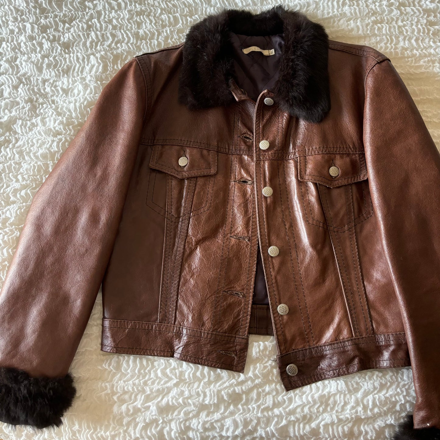 Brown Leather Fur Trim Jacket (S)