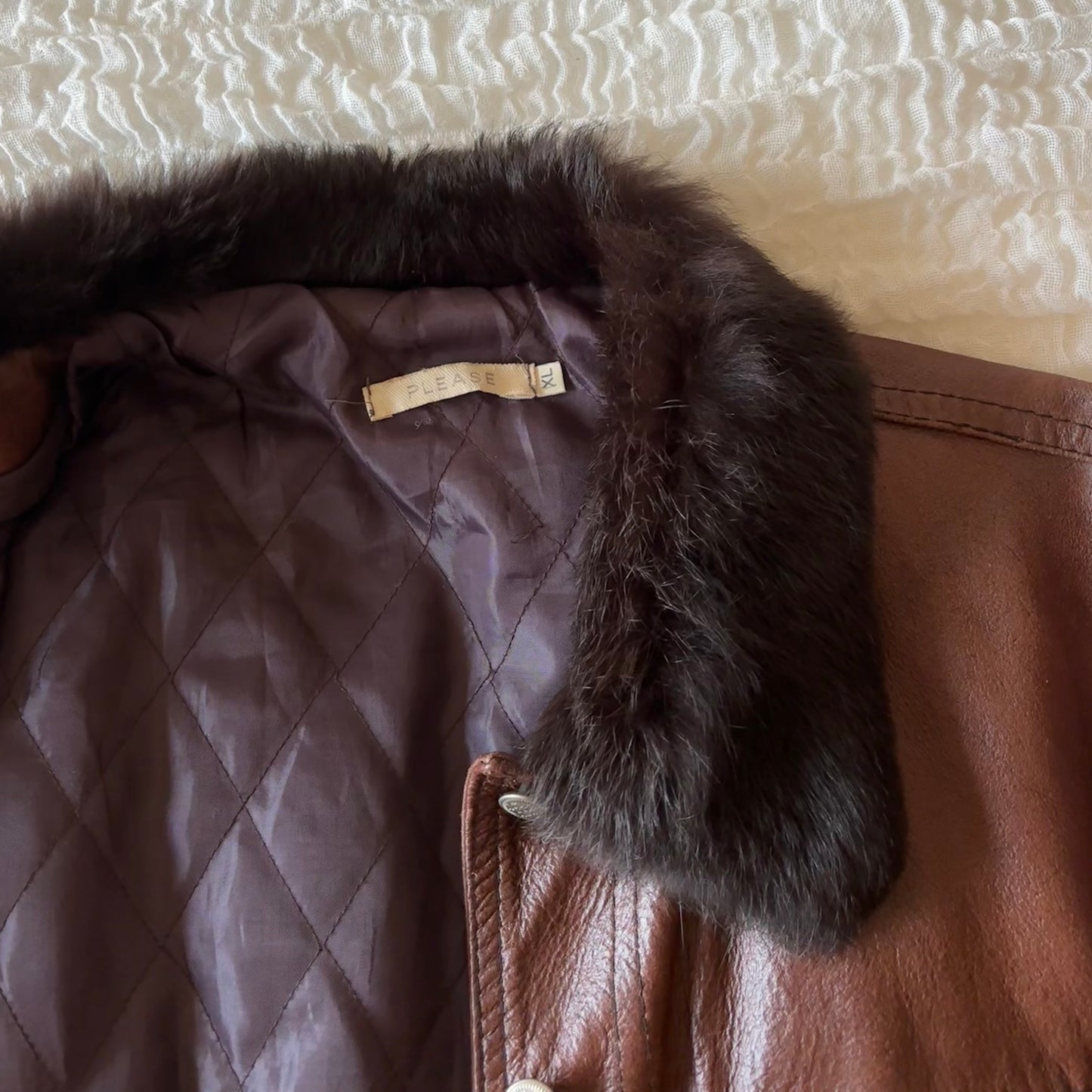 Brown Leather Fur Trim Jacket (S)