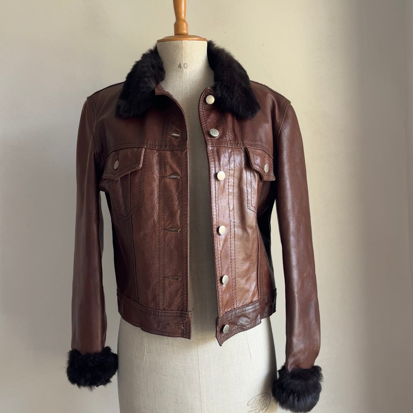 Brown Leather Fur Trim Jacket (S)