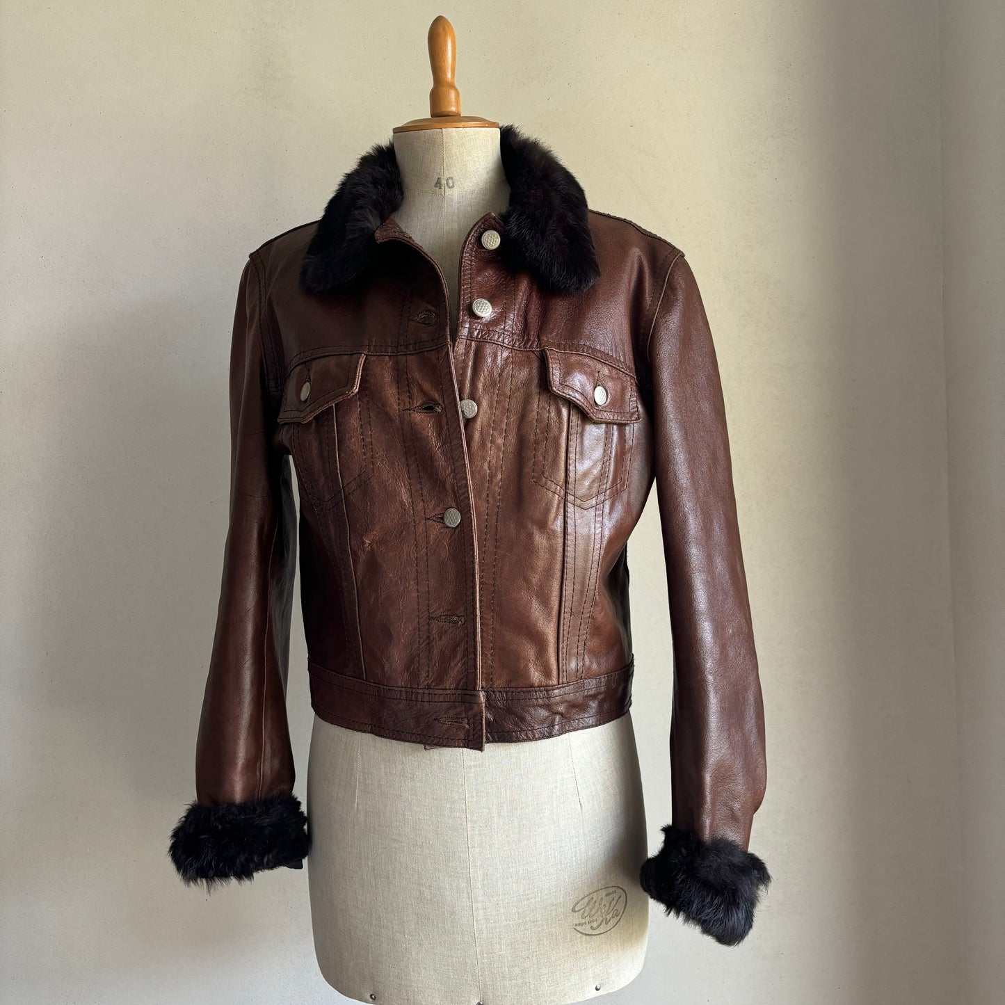 Brown Leather Fur Trim Jacket (S)