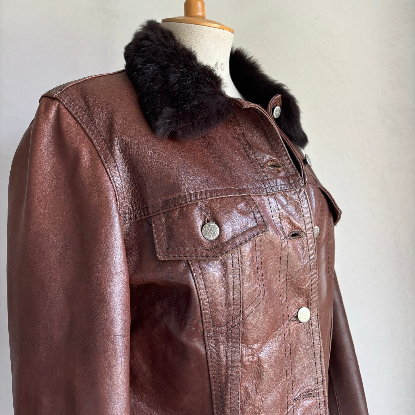 Brown Leather Fur Trim Jacket (S)