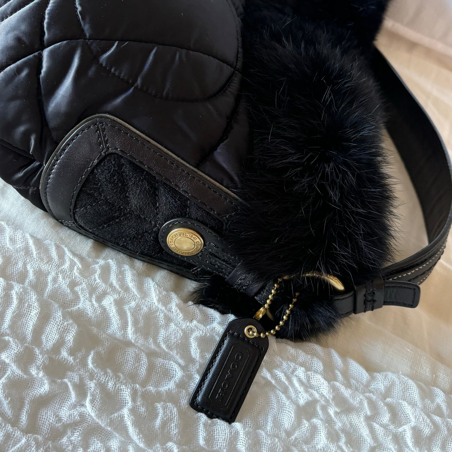 Coach Black Satin Fur Trim Purse