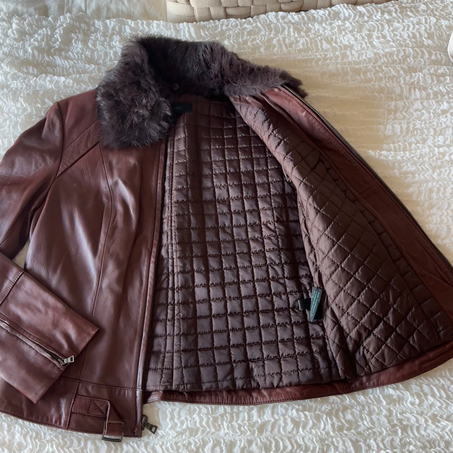 Brown Leather Fur Collar Jacket (S)