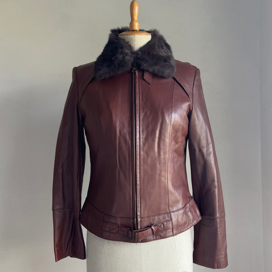 Brown Leather Fur Collar Jacket (S)