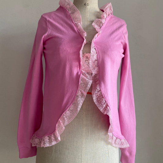 Rosa Strickjacke mit Spitze (S/M)