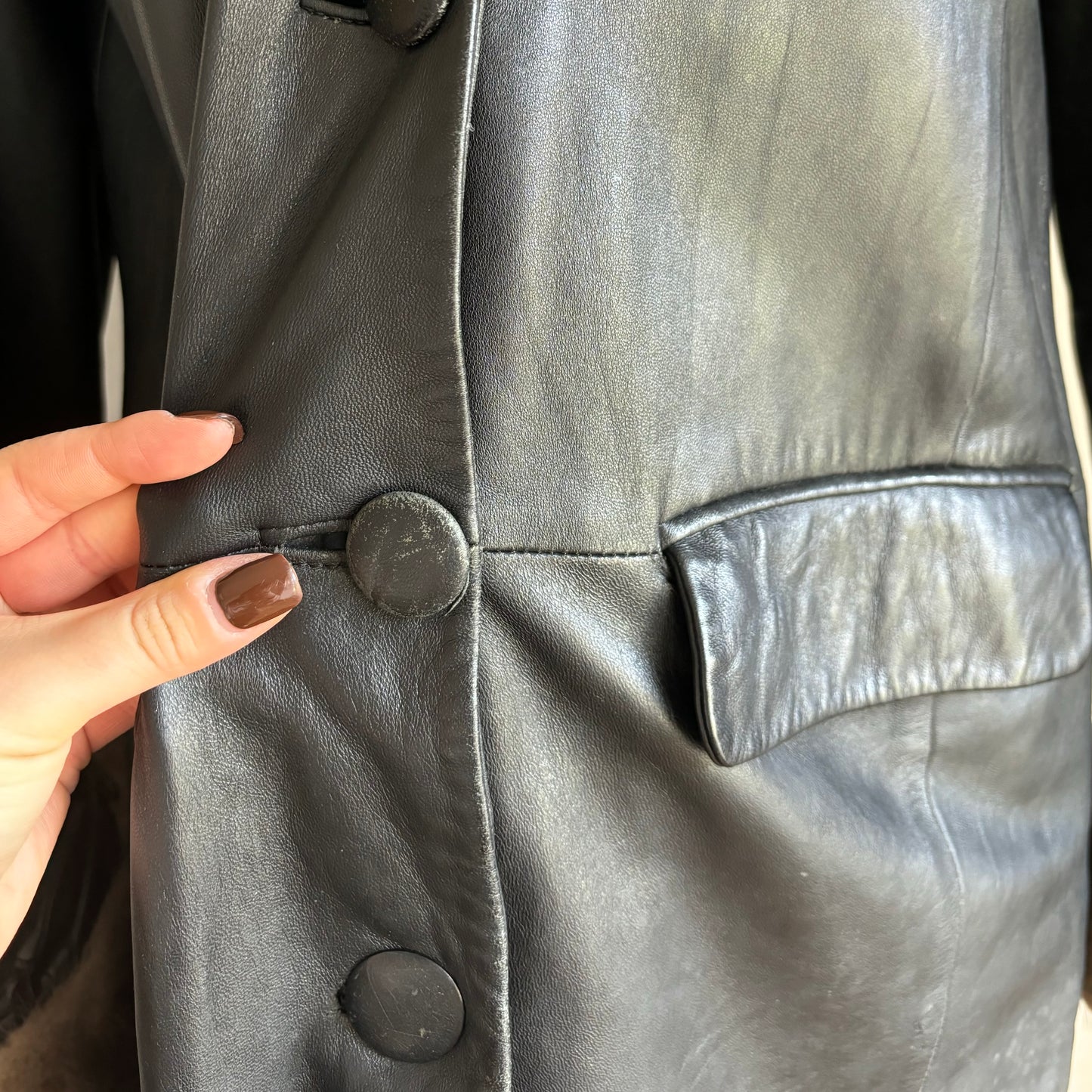 Black Leather Fur Trim Coat (M)