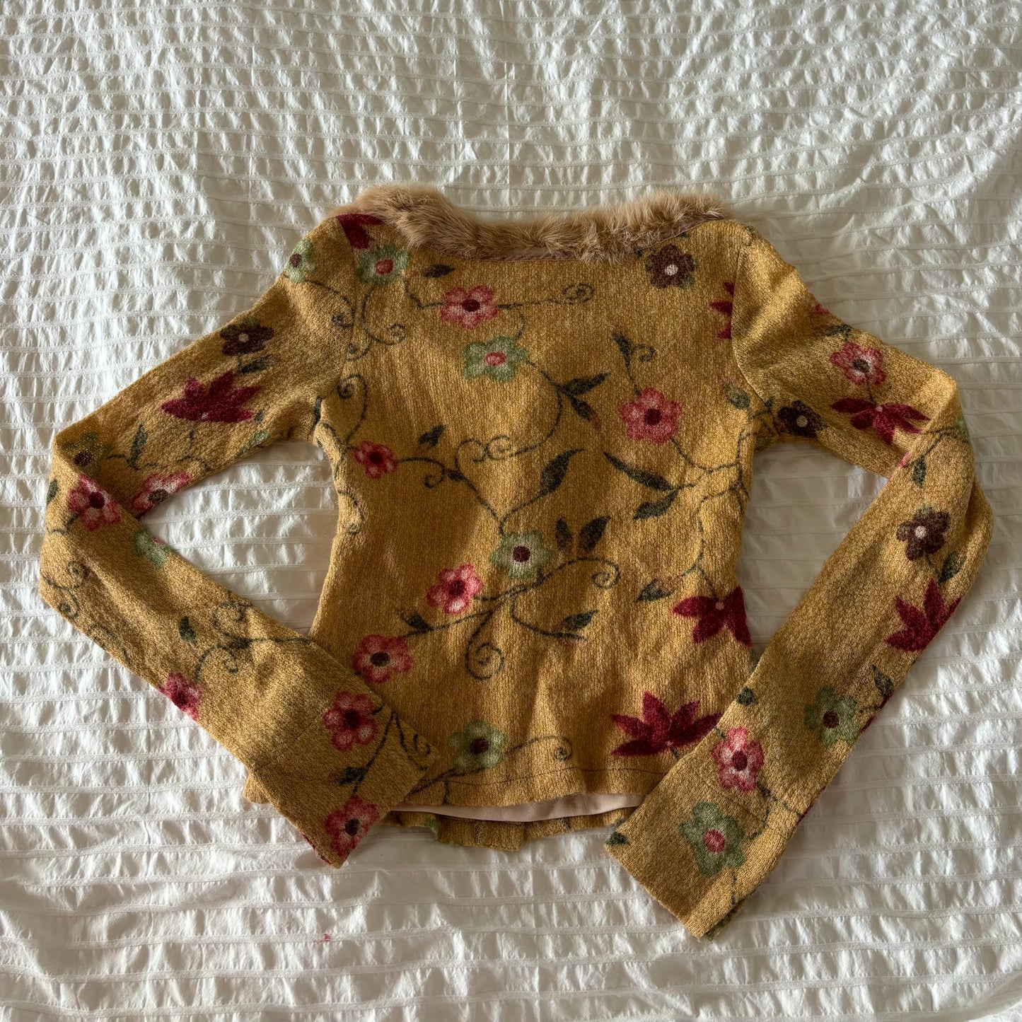 Floral Knit Top w/ fur trim (XS)