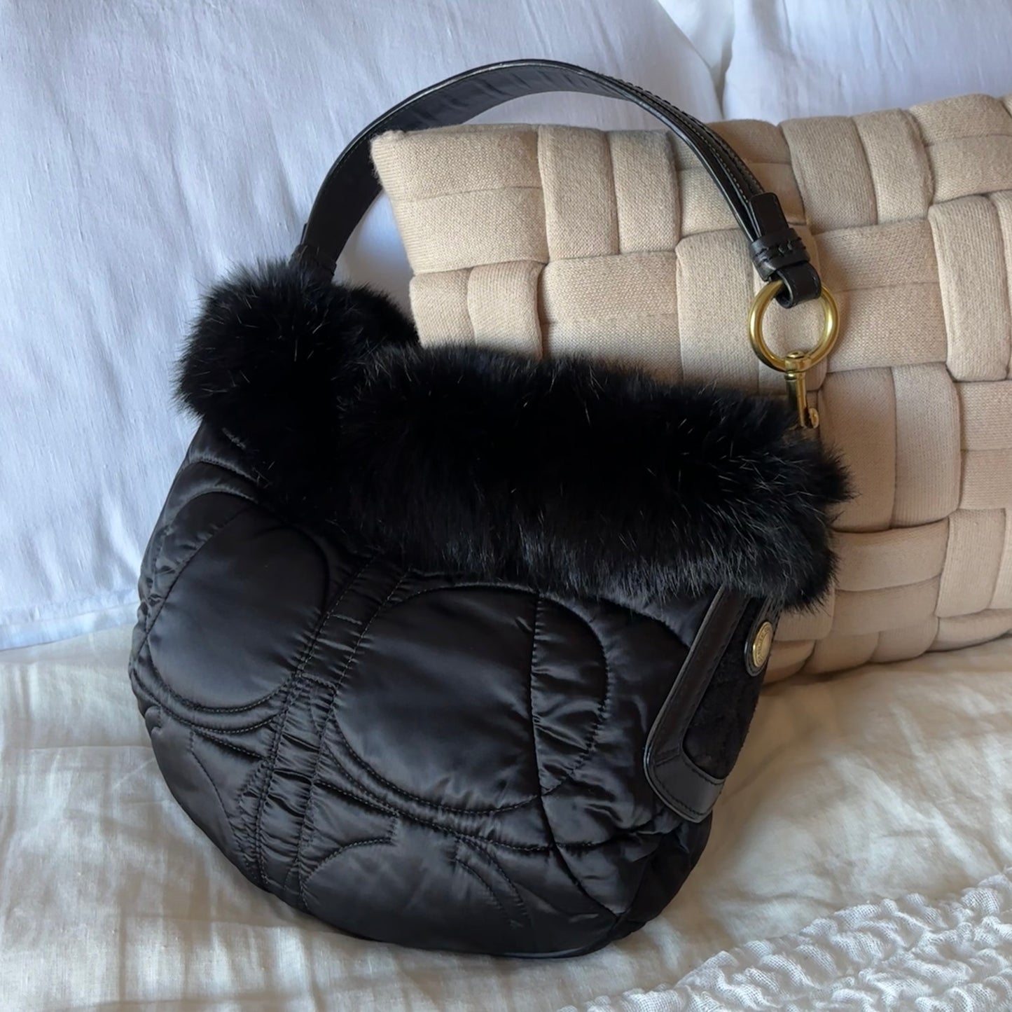 Coach Black Satin Fur Trim Purse