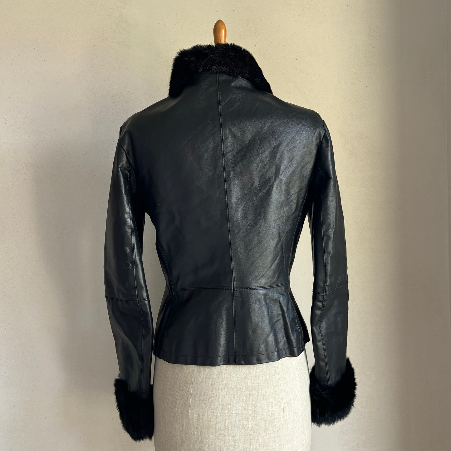 Black Fur Trim Leather Jacket (XS/S)