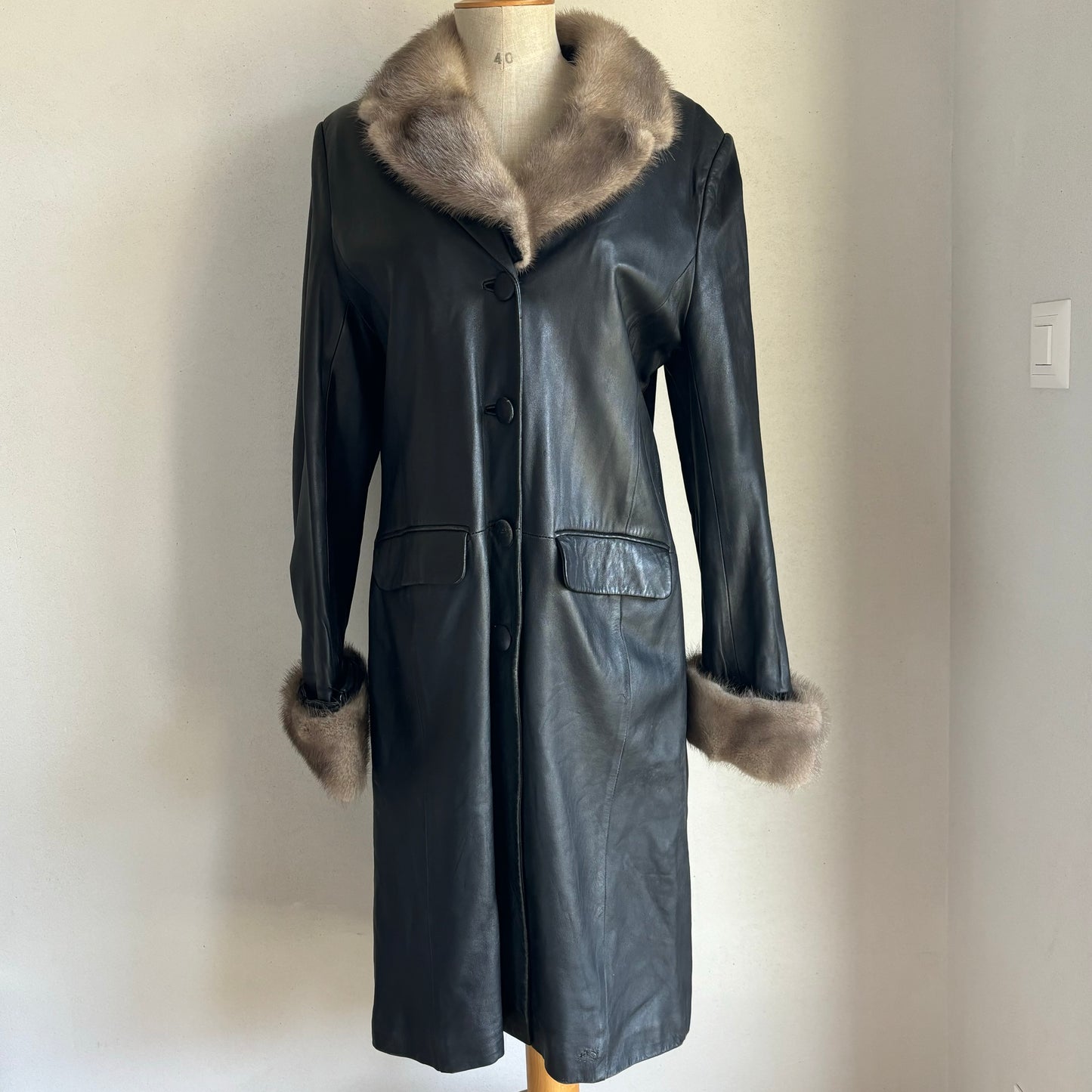 Black Leather Fur Trim Coat (M)