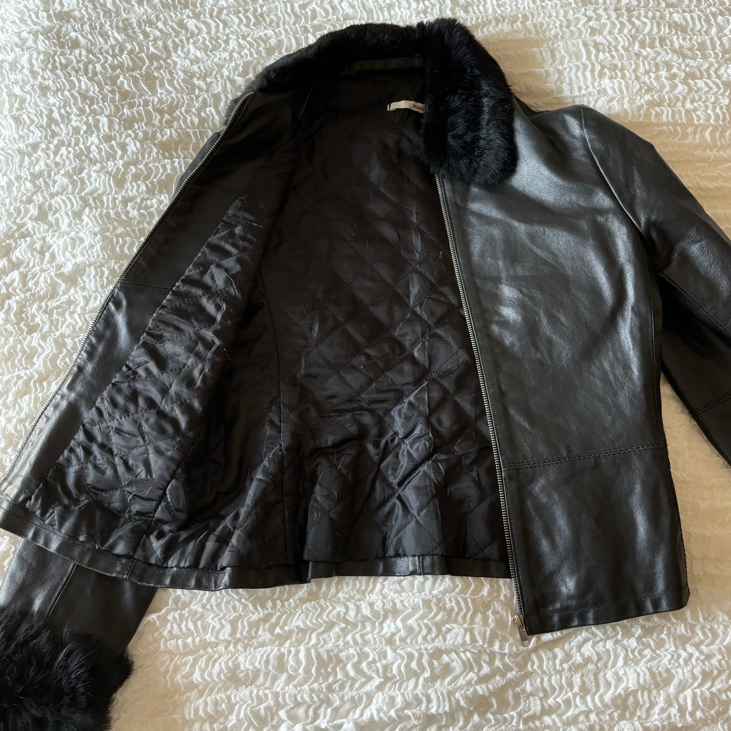 Black Fur Trim Leather Jacket (XS/S)