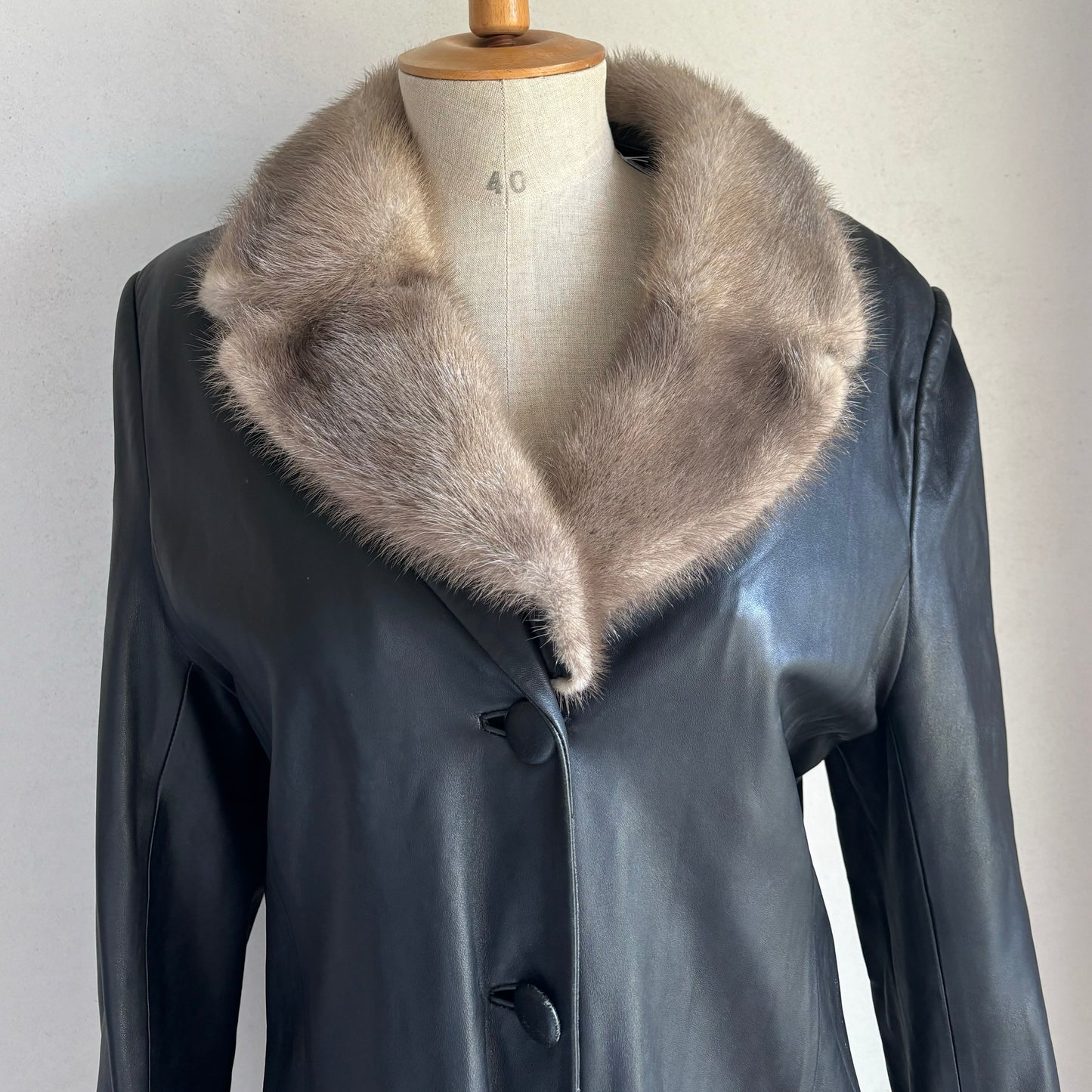 Black Leather Fur Trim Coat (M)