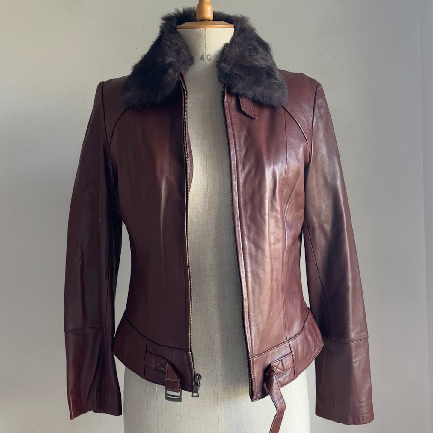 Brown Leather Fur Collar Jacket (S)