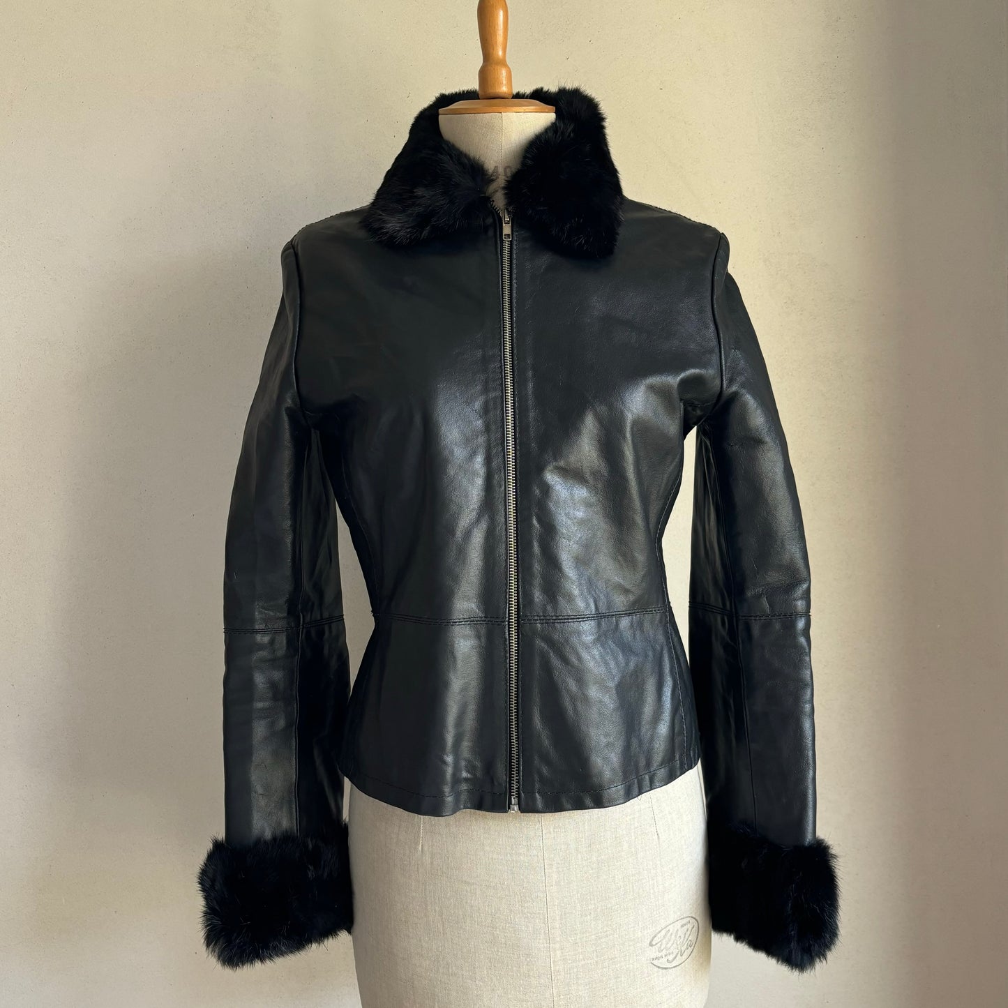 Black Fur Trim Leather Jacket (XS/S)