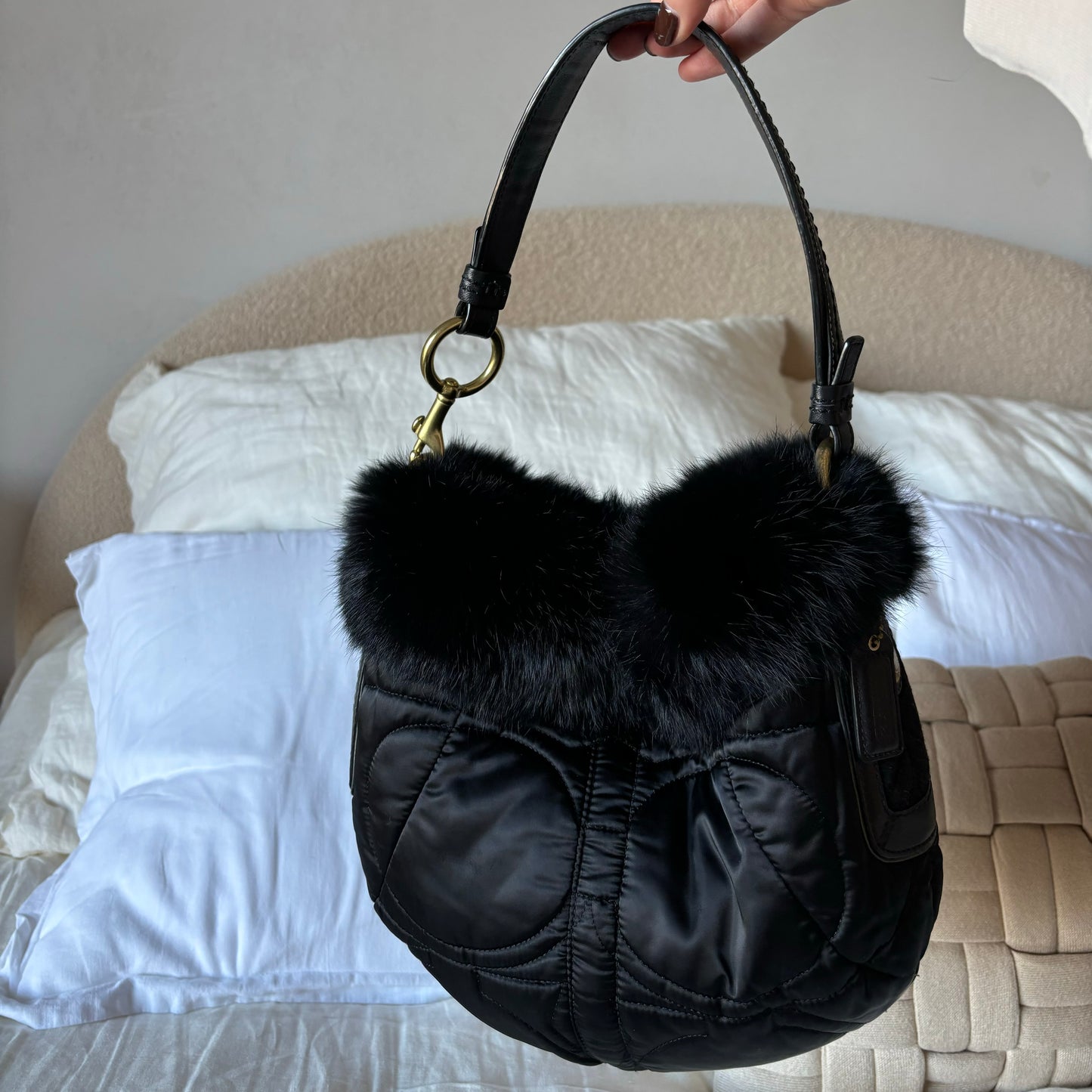 Coach Black Satin Fur Trim Purse