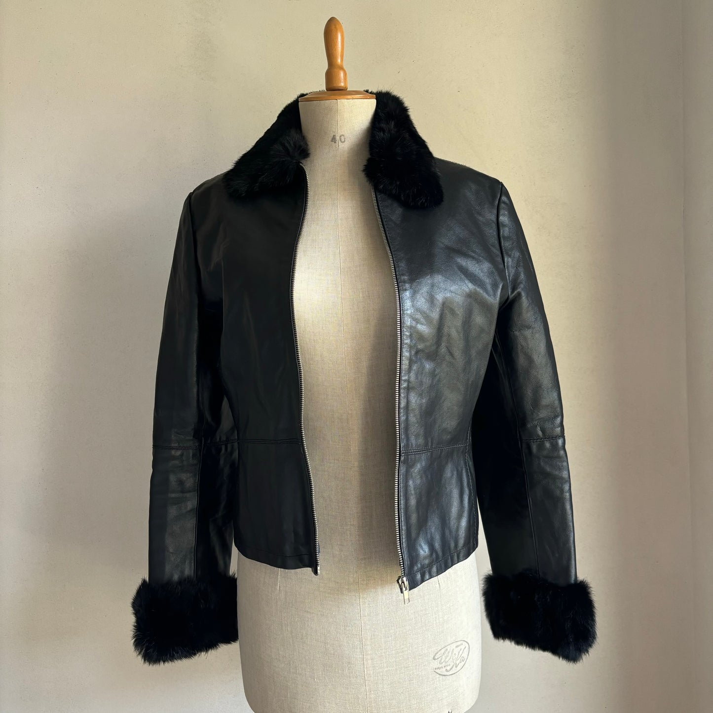 Black Fur Trim Leather Jacket (XS/S)