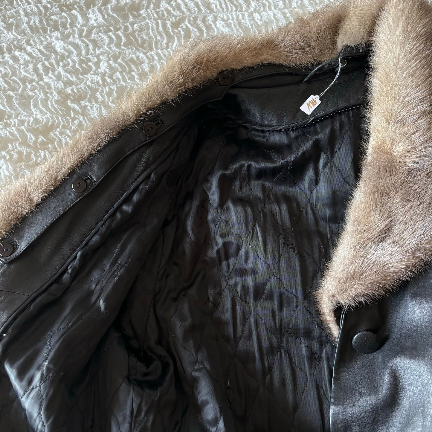 Black Leather Fur Trim Coat (M)