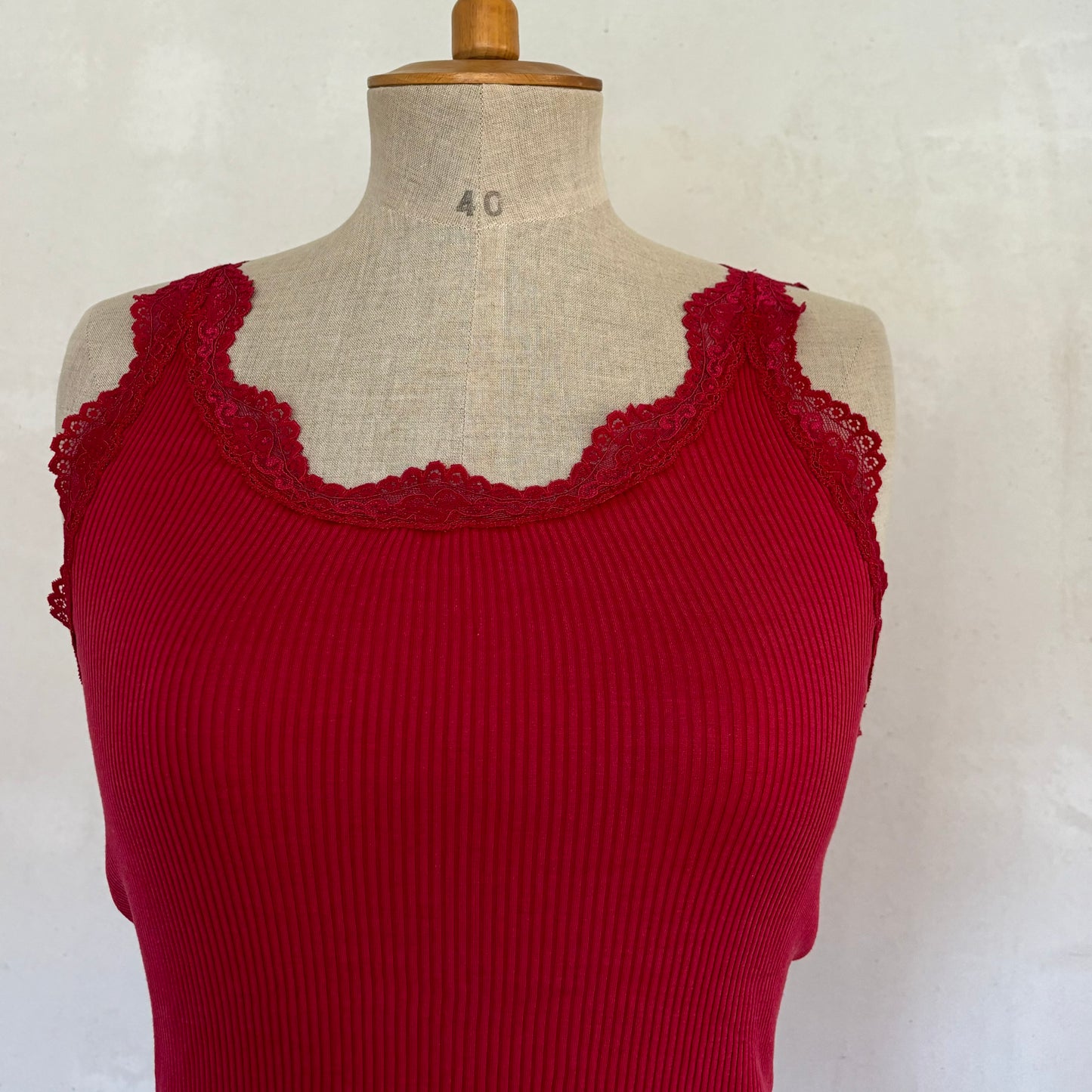 Red Silk Lace Trim Cami (M)