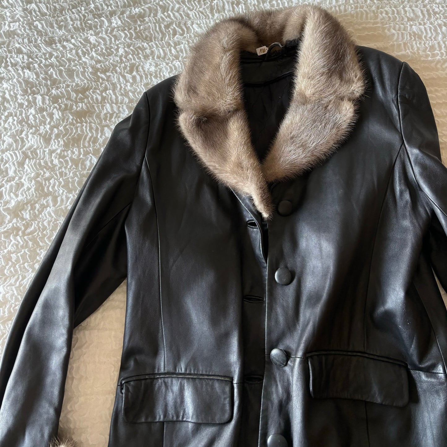 Black Leather Fur Trim Coat (M)