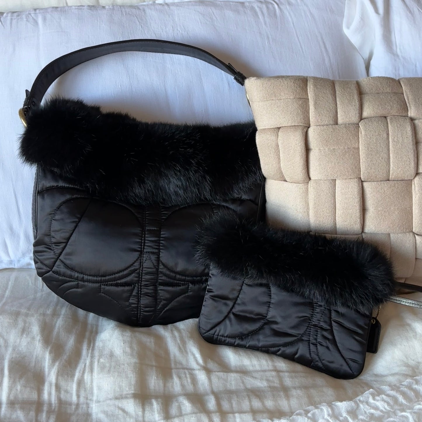 Coach Black Satin Fur Trim Purse