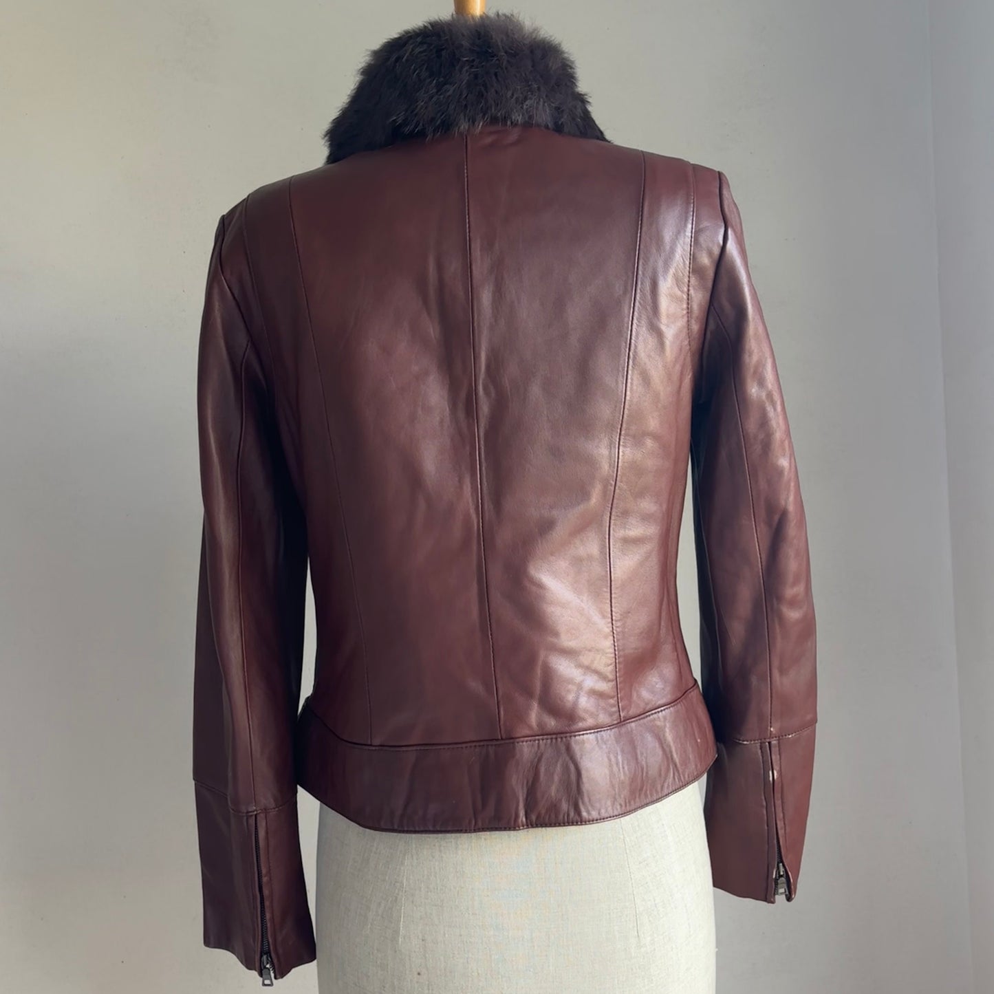 Brown Leather Fur Collar Jacket (S)