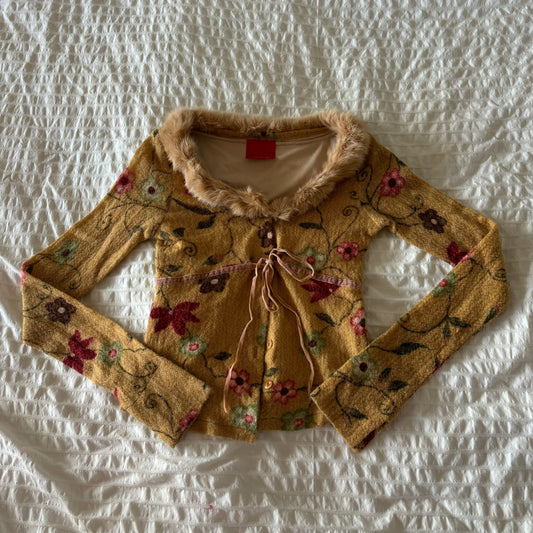 Floral Knit Top w/ fur trim (XS)