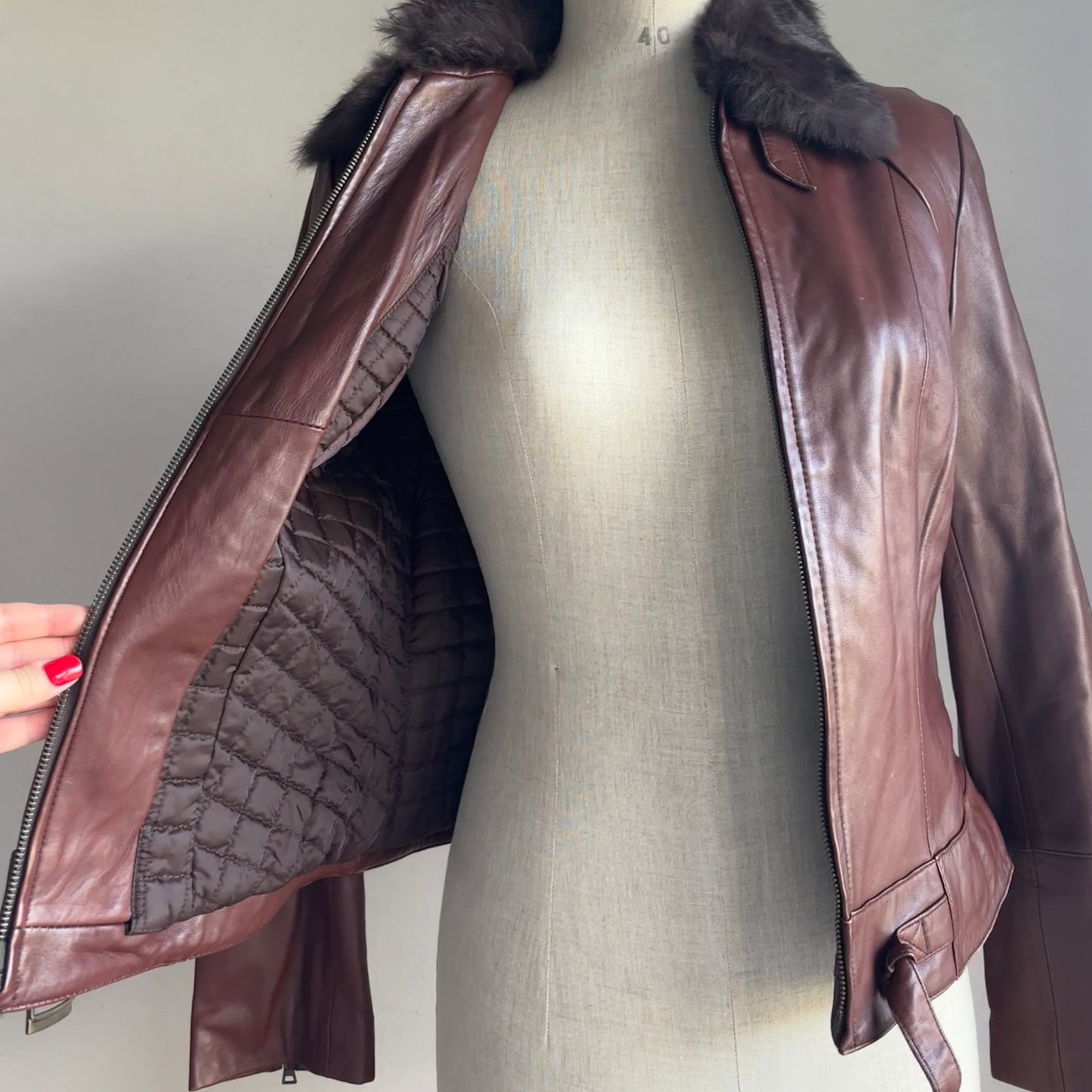 Brown Leather Fur Collar Jacket (S)