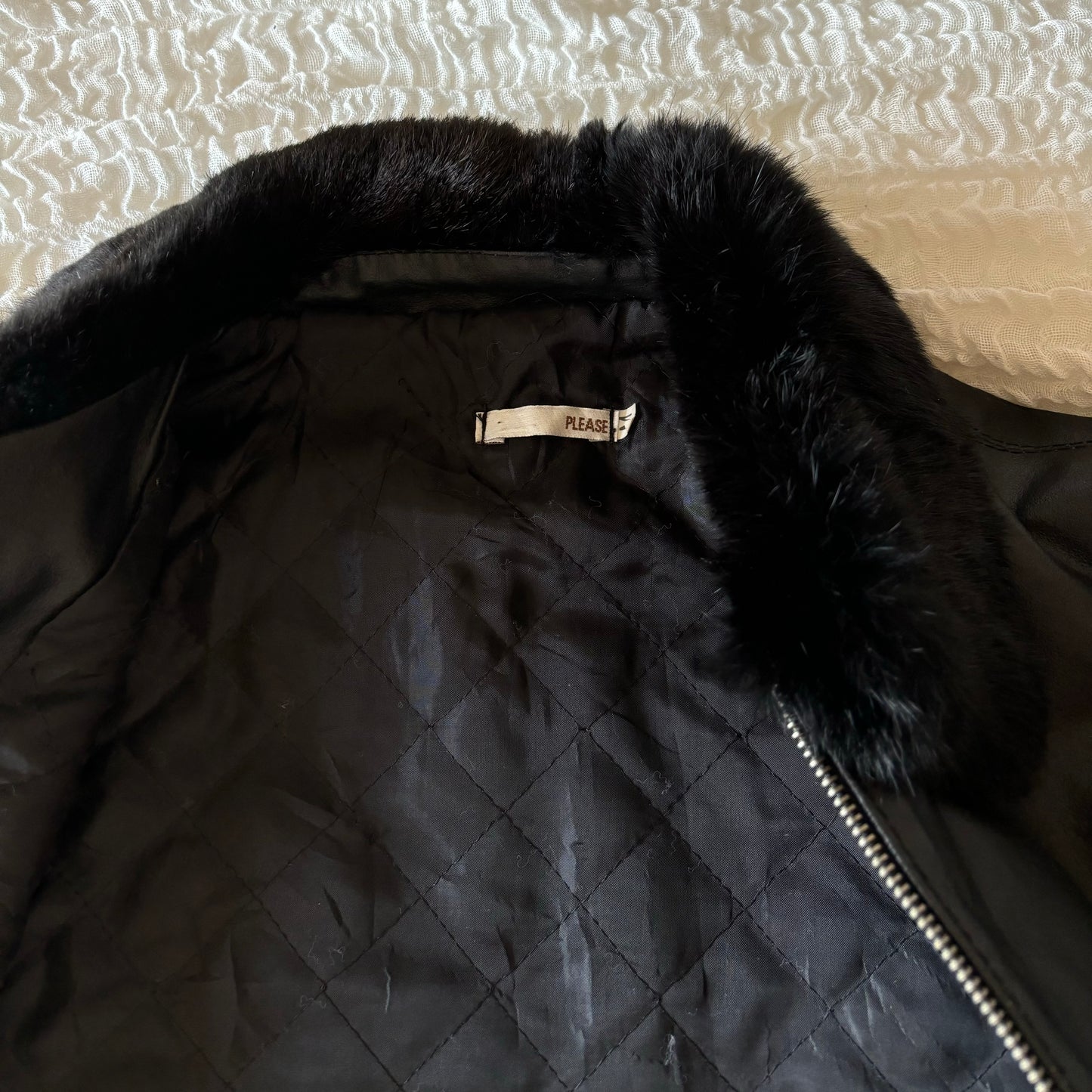 Black Fur Trim Leather Jacket (XS/S)