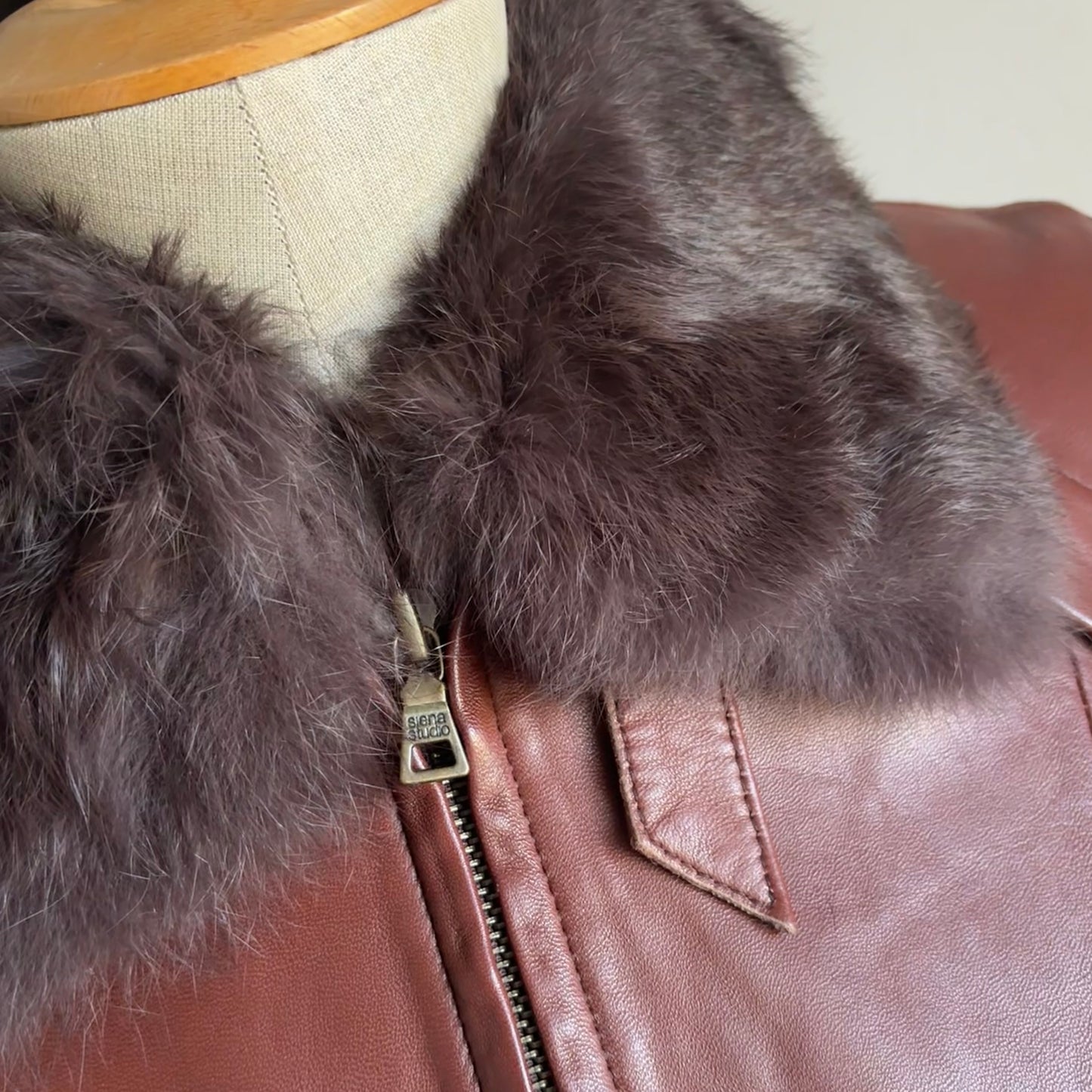 Brown Leather Fur Collar Jacket (S)