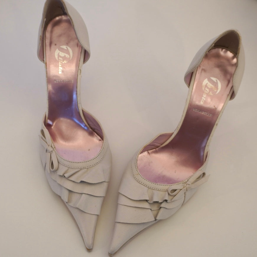 White Leather Ruffle Heels (37)